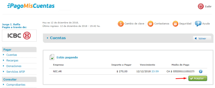 Confirmar pago de la renovación del dominio .com.ar