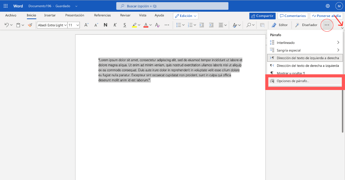 Opciones de párrafo en Word Online