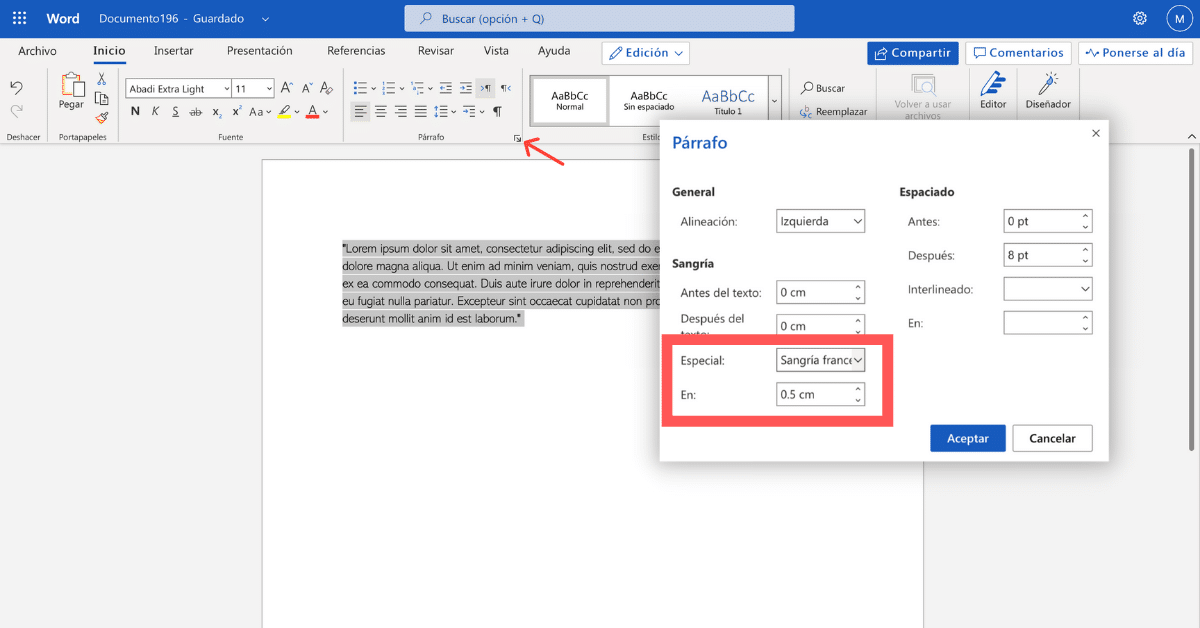 ajustes de párrafo en Word Online